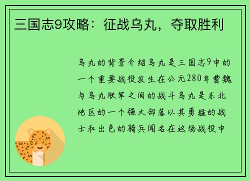 三国志9攻略：征战乌丸，夺取胜利